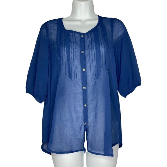 Raga Womens Button Front Shirt Blue Short Sleeve Crew Neck Sheer Pintuck S New - Picture 4 of 7